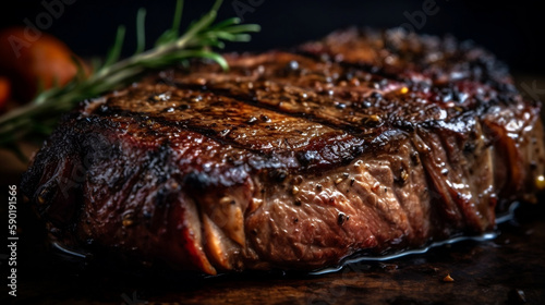 Pork chops on a plate, steak. Created using generative AI.