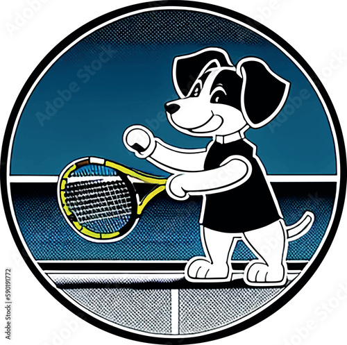 Сartoon dog plays tennis on the court. Round icon without background (transparent background outside the icon).