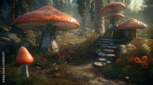 Pretty little faires flying around toadstool mushrooms, generative ai