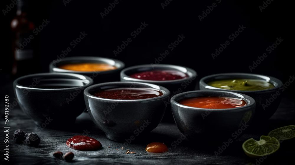 Small black bowls with different color sauces, generative ai Small black bowls with different color sauces, generative ai