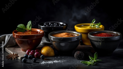 Small black bowls with different color sauces, generative ai