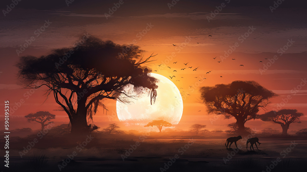 Sunset behind tree silhouette on savana, orange sunset in savana, generative ai