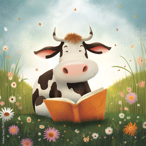 Illustration of a cow reading a book