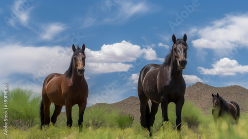 Three wild mustangs on a meadow with sky and clouds above heads, generative ai © TheGoldTiger