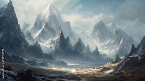 Towering peaks adorned in snow and ice, high mountain summits, generative ai