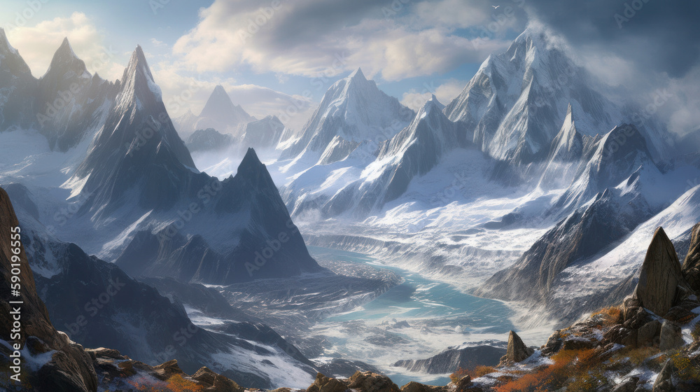 Towering peaks adorned in snow and ice, high mountain summits, generative ai Towering peaks adorned in snow and ice, high mountain summits, generative ai