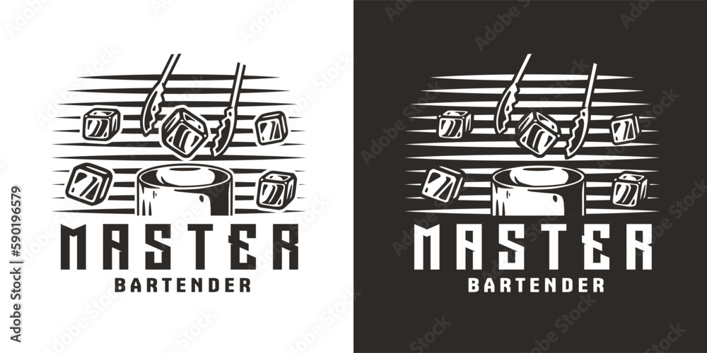 Bartending design with glass and ice for cocktail bar and bartender or barman