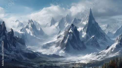 Towering peaks adorned in snow and ice  high mountain summits  generative ai