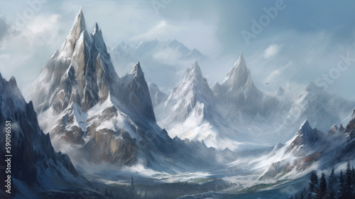 Towering peaks adorned in snow and ice, high mountain summits, generative ai