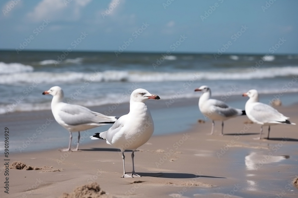 Seagulls On The Beach Against The Background Of The Sea, Summer Day, Made Using Generative Ai Seagulls On The Beach Against The Background Of The Sea, Summer Day, Made Using Generative Ai