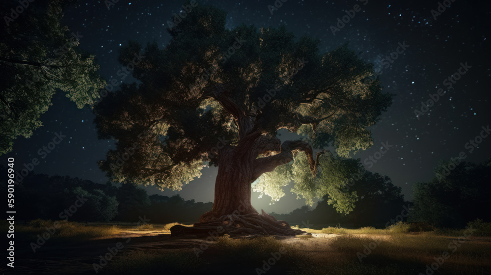 Huge tree with soft light under the night sky, generative ai Huge tree with soft light under the night sky, generative ai