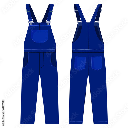 blue color overalls for work-wear or uniform design isolated on white background, front and back view,  vector illustration.