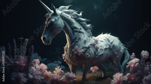 Unicorn sculptural texture with misterious mood  generative ai