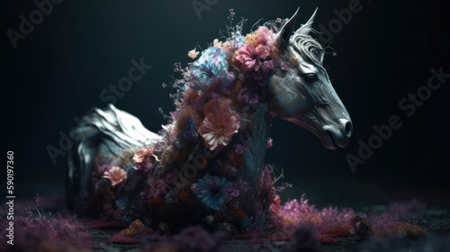 Unicorn sculptural texture with misterious mood, generative ai
