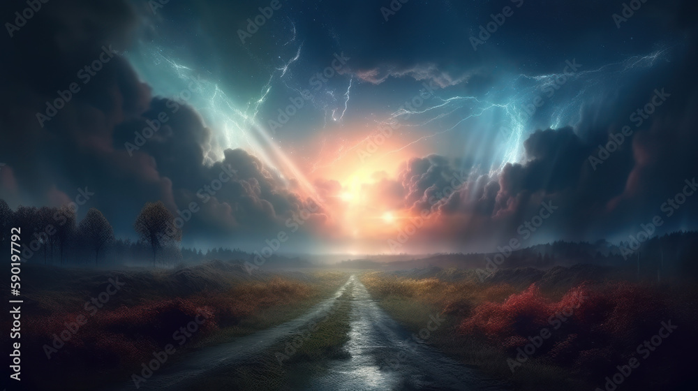 Universe road to fantasy world with soft light, generative ai