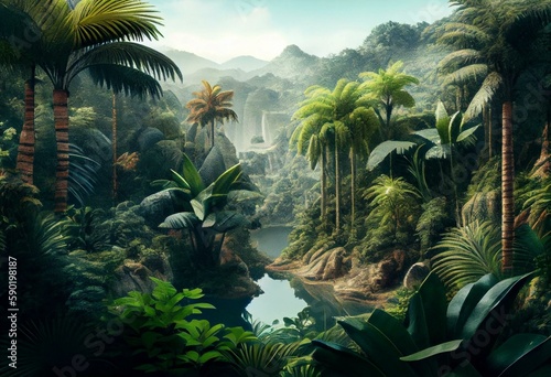 A panoramic tropical forest landscape for eco-friendly concepts, earth day, spa and tourism. Generative AI © Benjamin