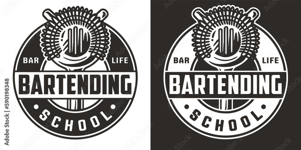 Bartender design with strainer for bartending school. Chromed metal equipment or cocktail bar tool for barman.