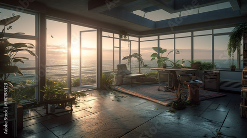 View of den inside a modern home with large glass wall, generative ai © TheGoldTiger