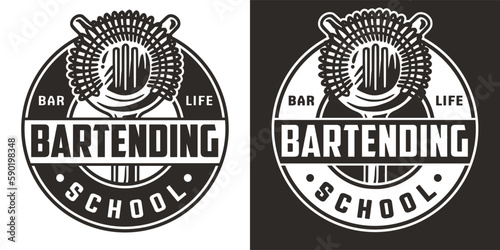 Bartender design with strainer for bartending school. Chromed metal equipment or cocktail bar tool for barman.