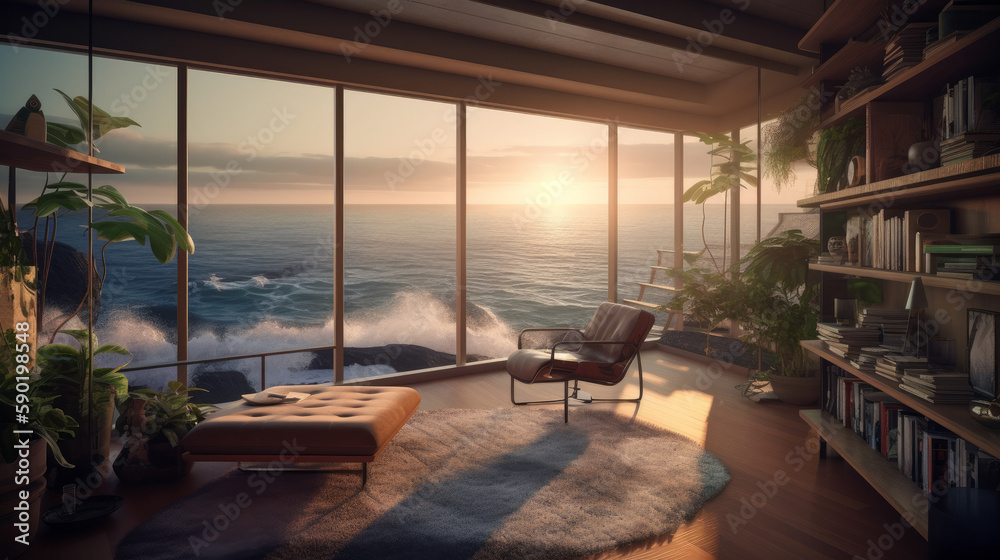Fototapeta premium View of den inside a modern home with large glass wall, generative ai