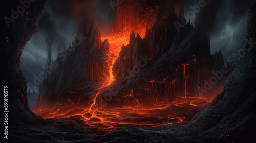 Volcanic throne with glowing lava around, volcano eruption, generative ai