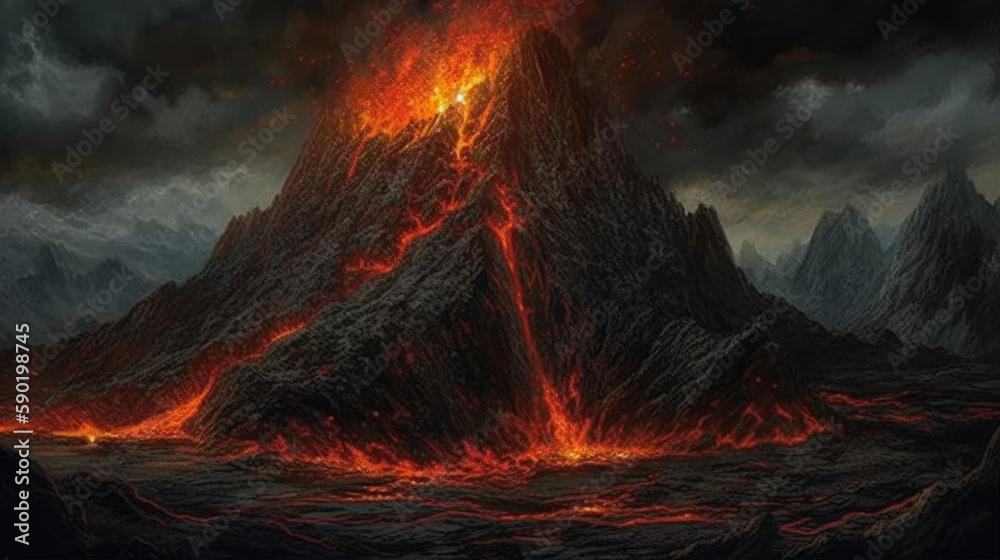 Volcanic throne with glowing lava around, volcano eruption, generative ai