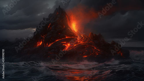 Volcanic throne with glowing lava around, volcano eruption, generative ai