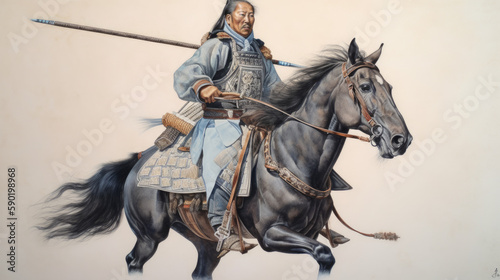 Watercolor painting a samurai on horseback, generative ai