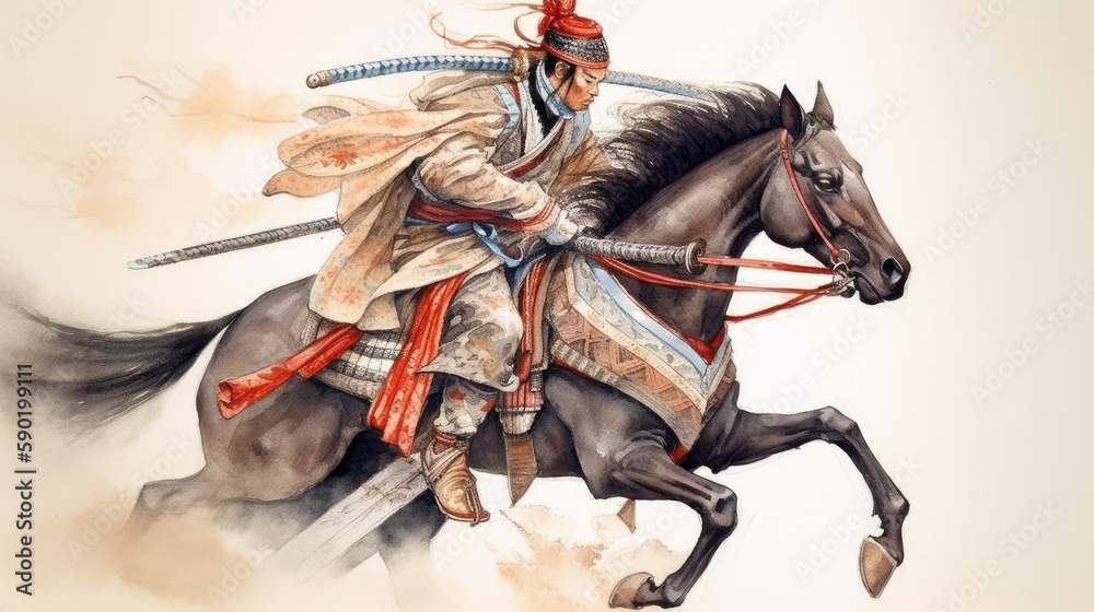 Fototapeta premium Watercolor painting a samurai on horseback, generative ai