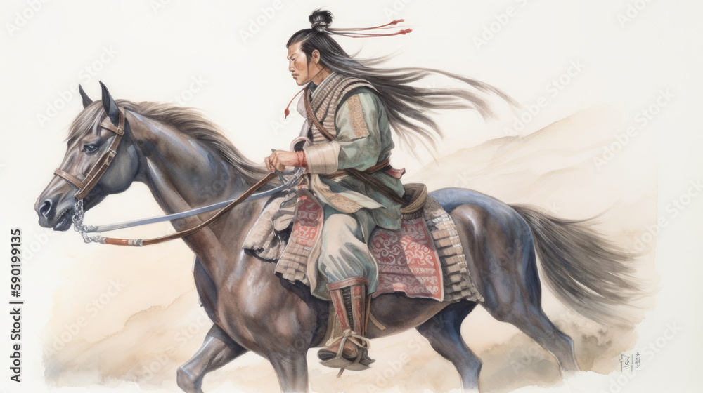 Fototapeta premium Watercolor painting a samurai on horseback, generative ai