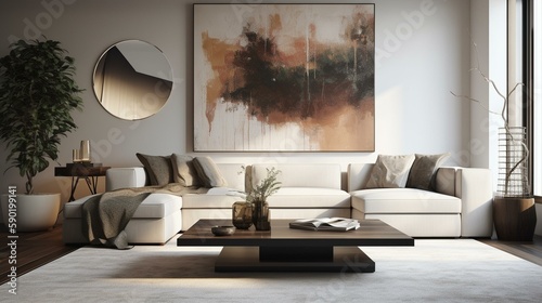 A minimalist living room with a neutral color palette and clean lines, accented with a vibrant piece of art. Generative AI