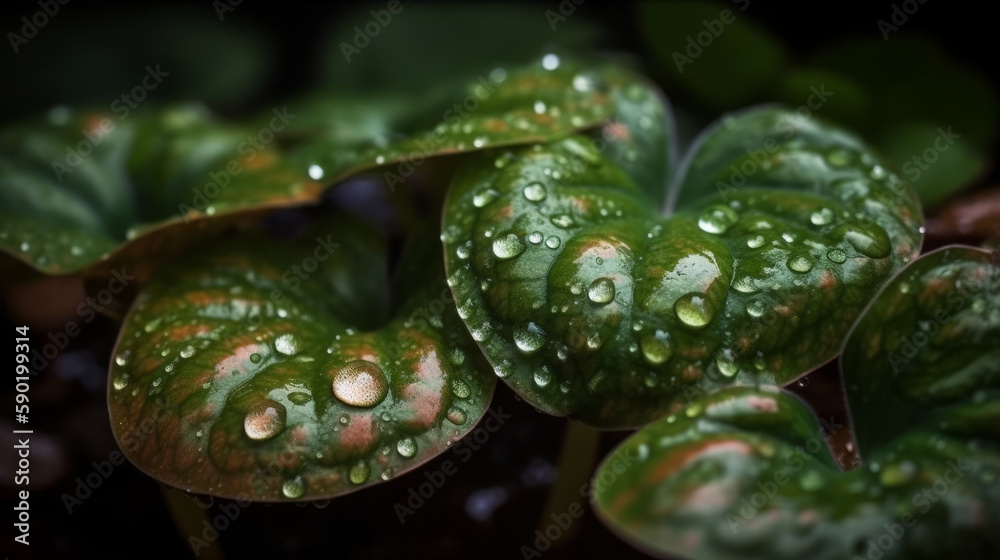 Watermelon peperoma leaves with rain drops on top of it, generative ai Watermelon peperoma leaves with rain drops on top of it, generative ai