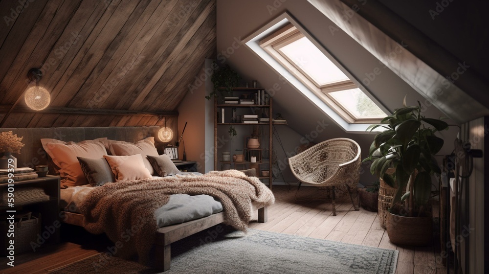 A cozy attic bedroom with sloping ceilings and cozy textiles, complete with a cozy reading corner. Generative AI A cozy attic bedroom with sloping ceilings and cozy textiles, complete with a cozy reading corner. Generative AI