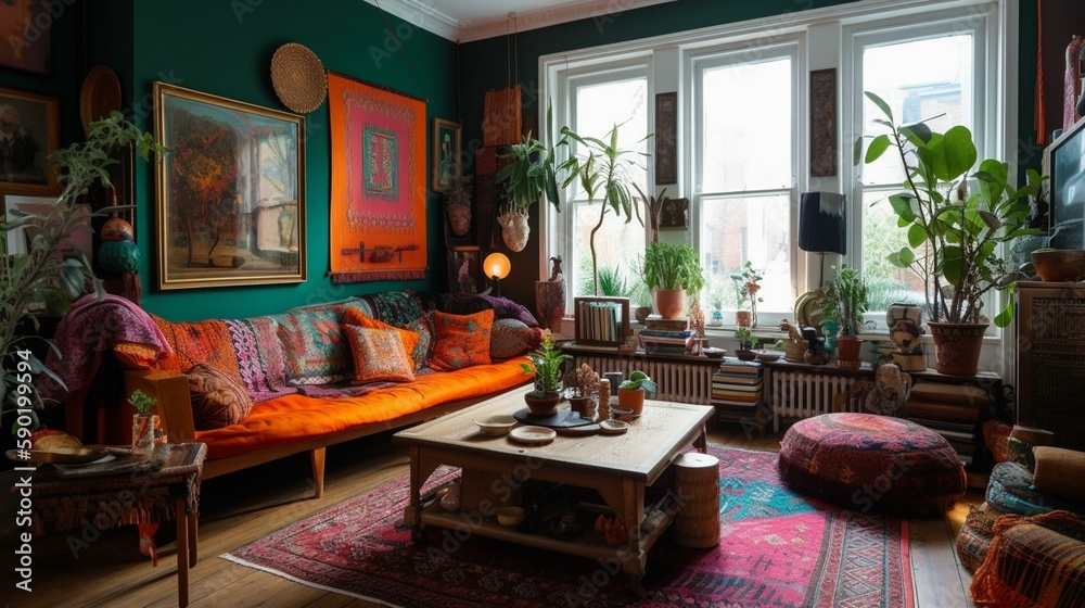 A vibrant and bohemian living room with bold patterned textiles and a gallery wall of eclectic art. Generative AI A vibrant and bohemian living room with bold patterned textiles and a gallery wall of eclectic art. Generative AI