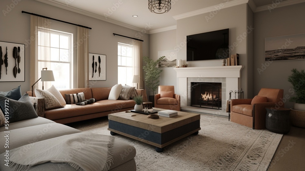 Fototapeta premium A cozy and inviting family room with comfortable seating and a statement fireplace, perfect for family movie nights. Generative AI