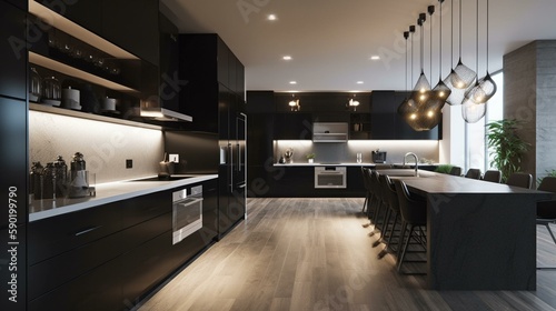 A sleek and modern kitchen with dark cabinetry and sleek appliances, accented with statement lighting. Generative AI