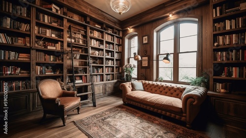 A charming and rustic home library with floor-to-ceiling bookshelves and a cozy reading nook. Generative AI