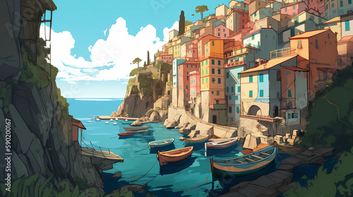Illustration of the small fishing village of Riomaggiore, Cinque Terre, Italy photo