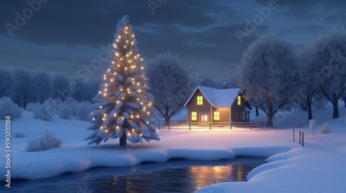 Winter christmas tree on snow with lights and house in background, generative ai