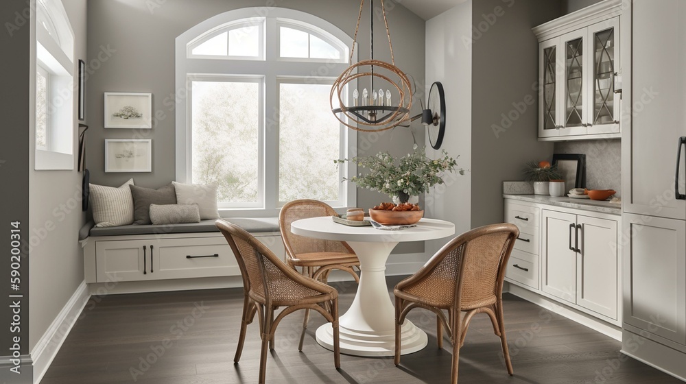 A cozy and inviting breakfast nook with a round table and comfortable seating, perfect for morning coffee. Generative AI A cozy and inviting breakfast nook with a round table and comfortable seating, perfect for morning coffee. Generative AI