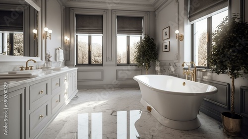 A luxurious and elegant master bathroom with marble countertops and a stunning freestanding tub. Generative AI