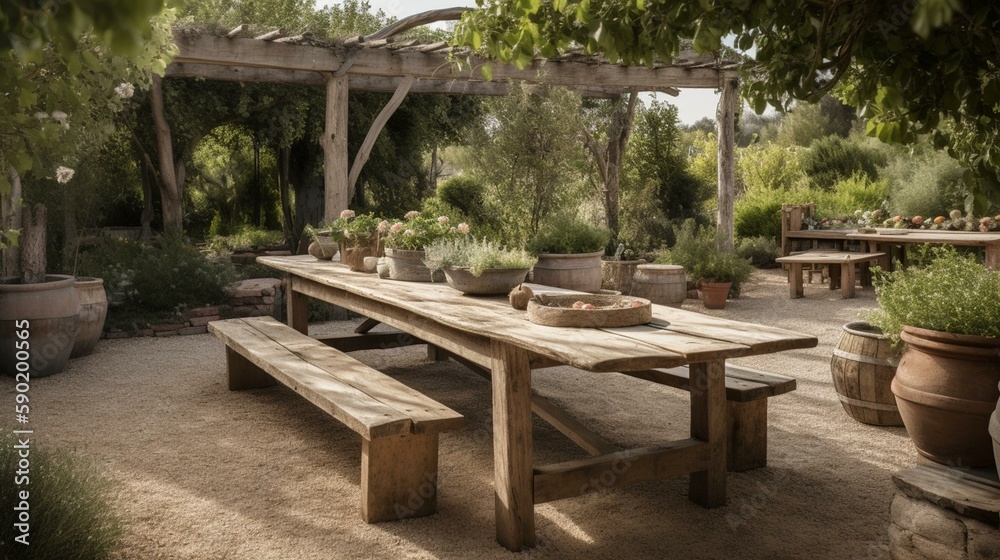 A charming and rustic outdoor dining area with a long wooden table and comfortable seating, perfect for al fresco meals. Generative AI