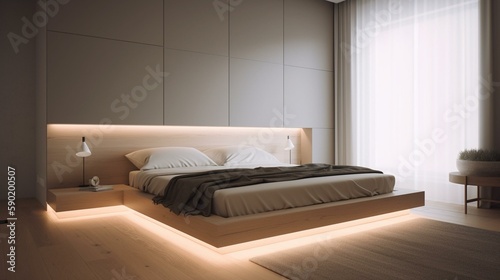A serene and minimalist bedroom with a sleek platform bed and soft lighting, perfect for restful sleep. Generative AI