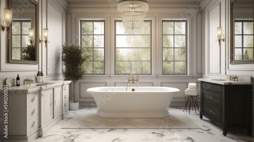 A luxurious and elegant master bathroom with marble countertops and a stunning freestanding tub. Generative AI