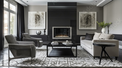 A sleek and modern living room with a statement fireplace and comfortable seating, accented with a bold patterned rug. Generative AI © Наталья Евтехова