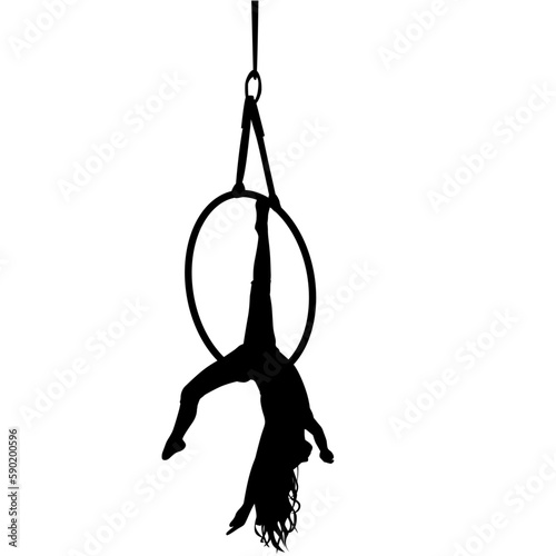 Circus girl or lady, air gymnast flying, hanging in metal circle upside down vector silhouette