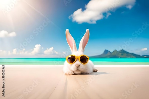 Easter bunny/ rabbit  lying down on the beach