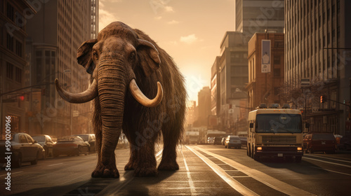 Woolly mammoth in center of modern city  generative ai