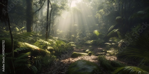 Fototapeta Naklejka Na Ścianę i Meble -  Mysterious impenetrable jungle overgrown with exotic plants. Background. A beautiful path through the impenetrable jungle. Tropical paradise. Generative AI