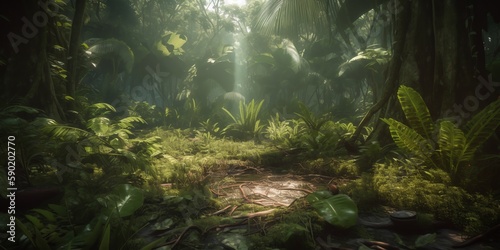 Mysterious impenetrable jungle overgrown with exotic plants. Background. A beautiful path through the impenetrable jungle. Tropical paradise. Generative AI